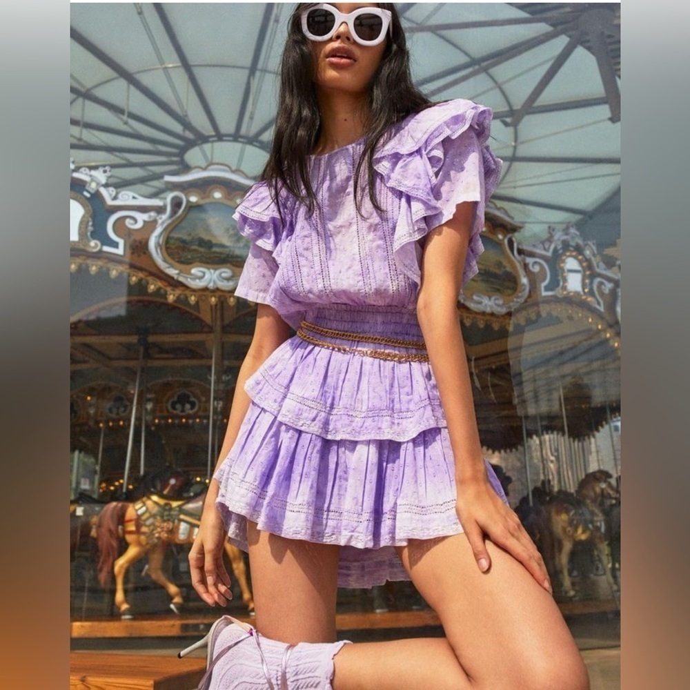 LoveShackFancy Natasha Ruffled Sleeve Tie Dye Mini Dress Small